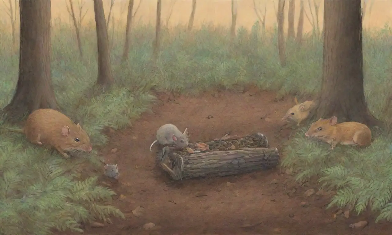 Un bosque denso con ratones, un arroyo, un halcón, y la lucha por la supervivencia en un atardecer anaranjado