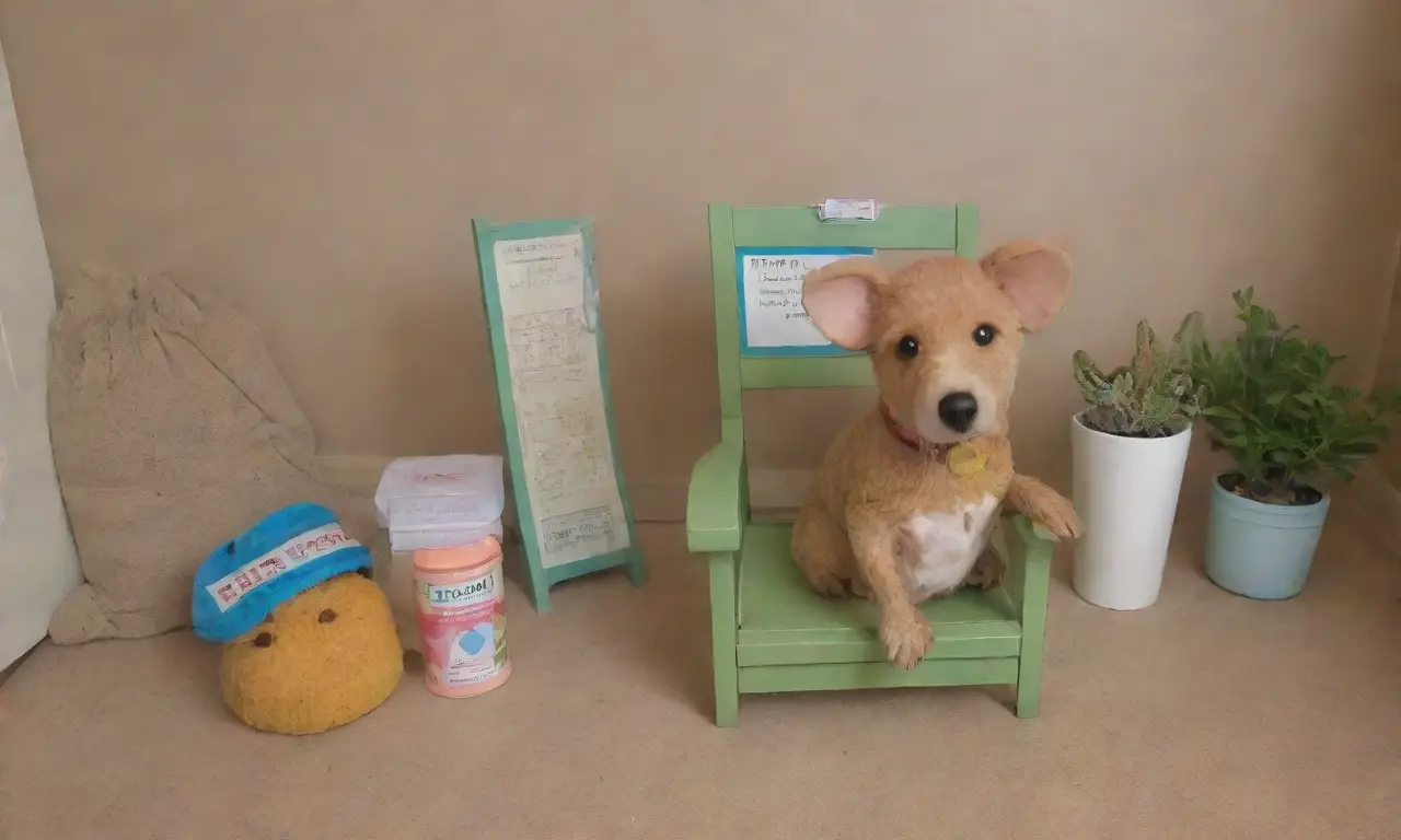 Un acogedor cuarto con un fondo pastel, un roedor enjaulado, libros veterinarios, un perro curioso y una atmósfera cálida y confiable