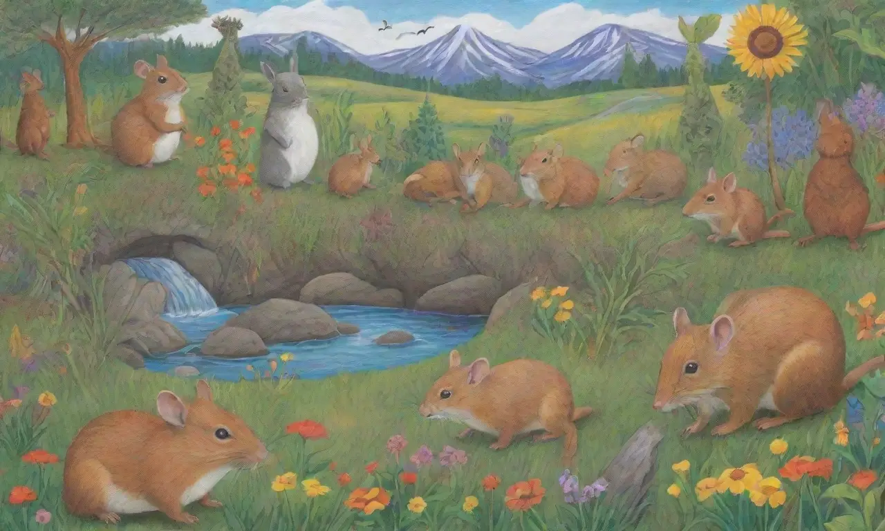 Un mural vibrante que muestra la biodiversidad y la coexistencia de roedores en su hábitat
