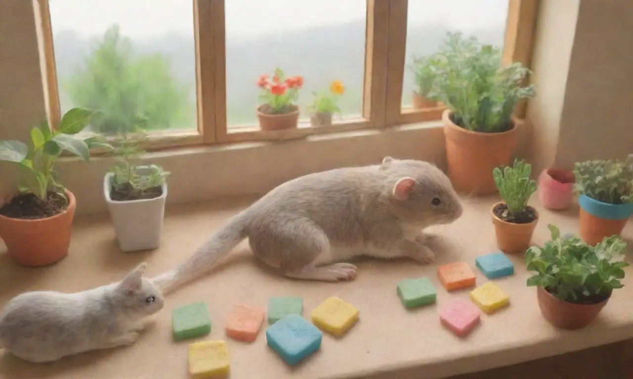 Un acogedor hábitat para un pequeño roedor, lleno de colores suaves y elementos vibrantes