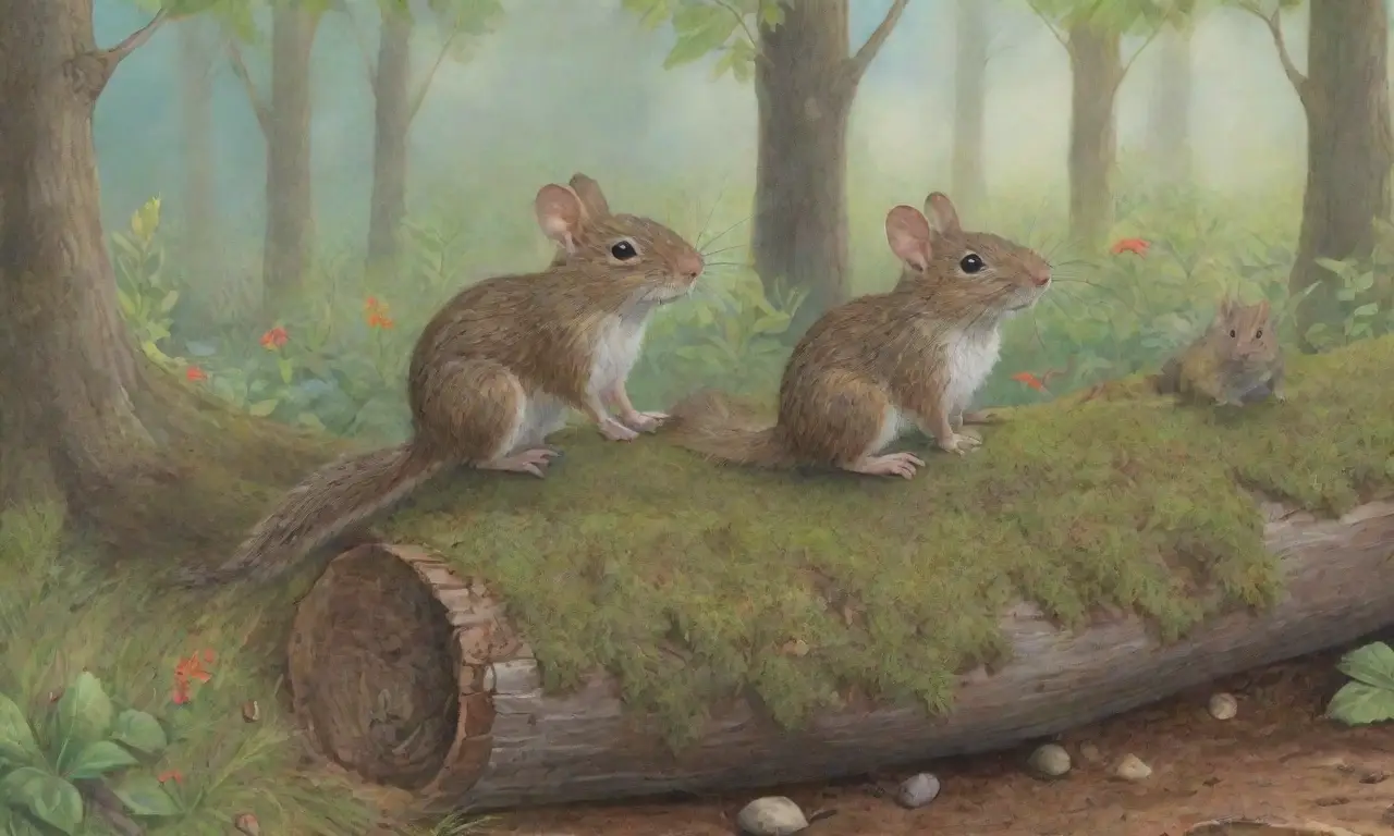Un bosque vibrante lleno de vida, con animales pequeños, luz filtrándose y flores silvestres