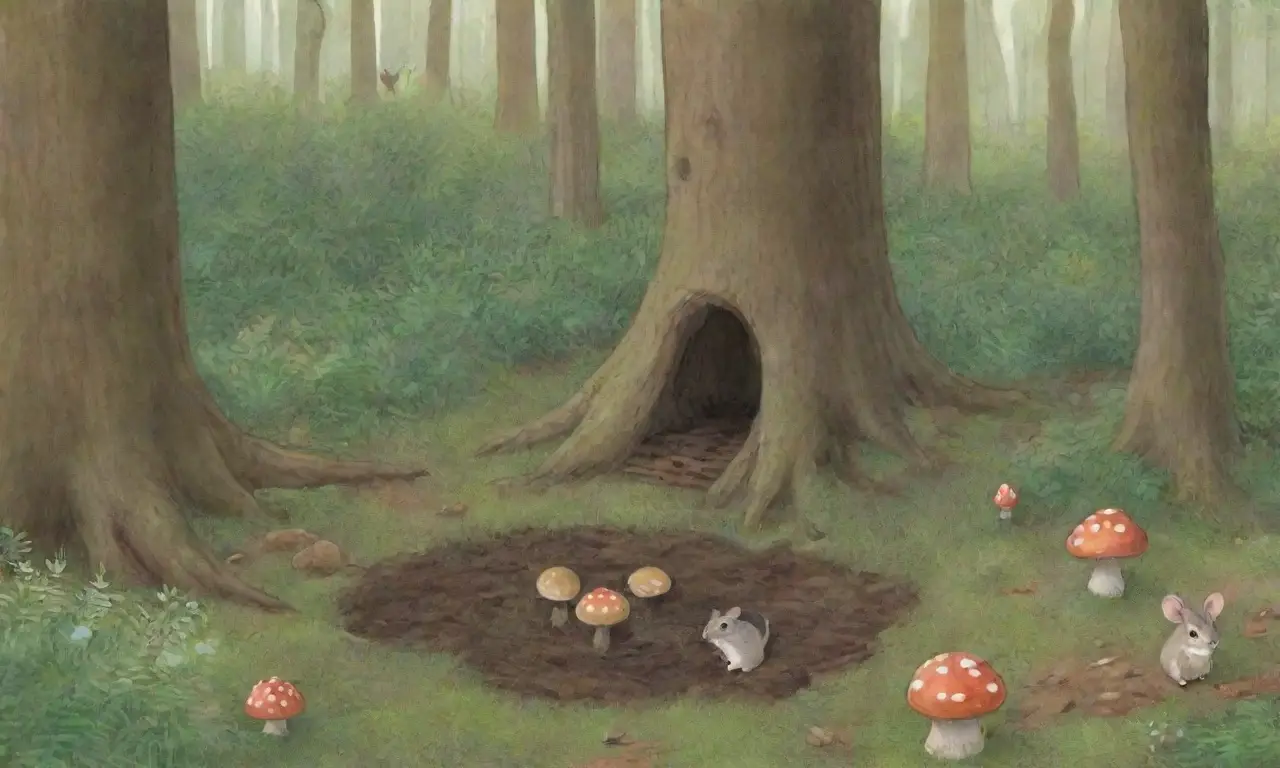 Un bosque denso con luz filtrándose, un ratón curioso y la vida silvestre en armonía