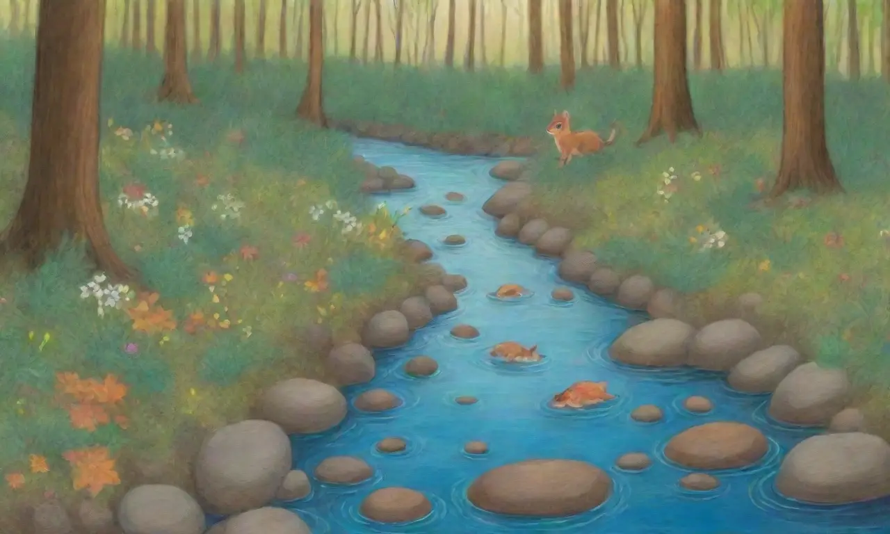 Un bosque vibrante con un arroyo claro, pequeños roedores y flores silvestres, reflejando la belleza de la naturaleza