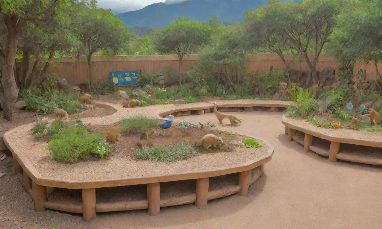 Un zoológico vibrante y educativo con naturaleza, animales curiosos y niños emocionados