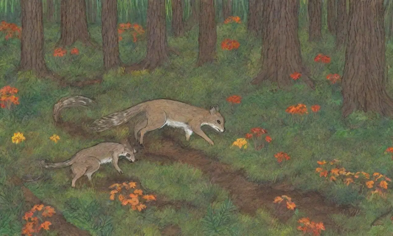 Un pequeño roedor escapa a su burrow mientras un halcón sobrevuela, simbolizando la lucha entre la vida y la muerte en el bosque