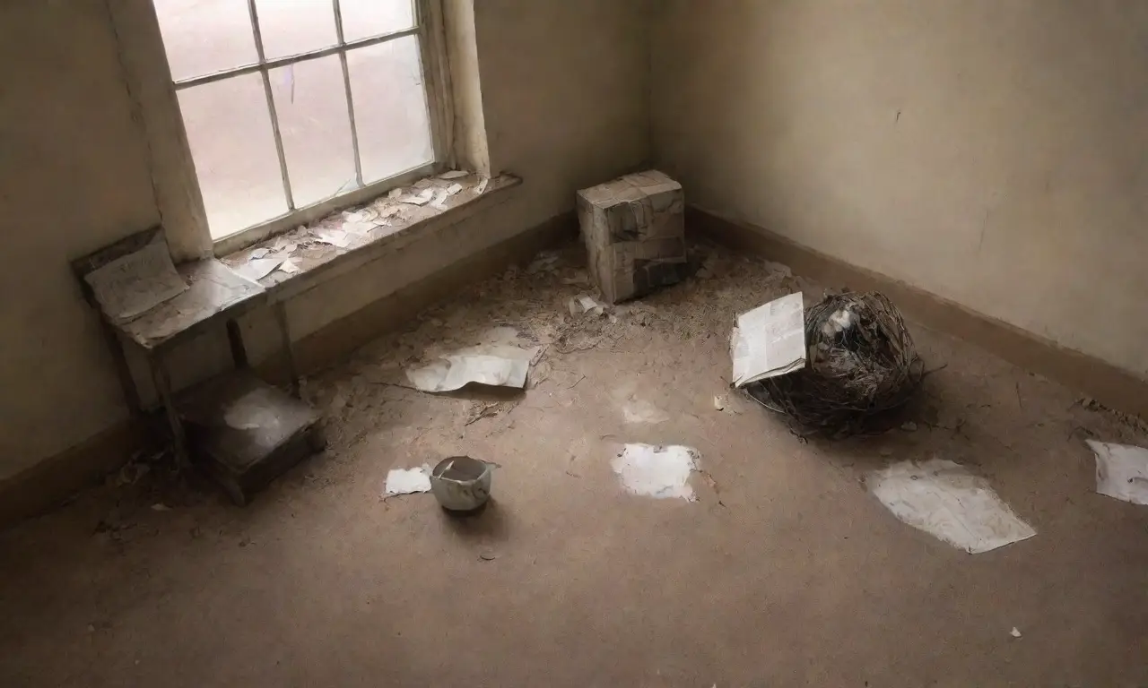 Una habitación oscura y desordenada, llena de restos y abandono