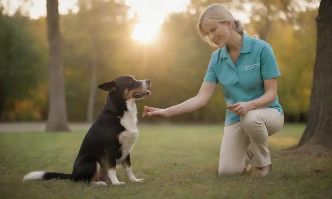 Un cuidador entrena suavemente a un perro, mostrando técnicas de refuerzo positivas.