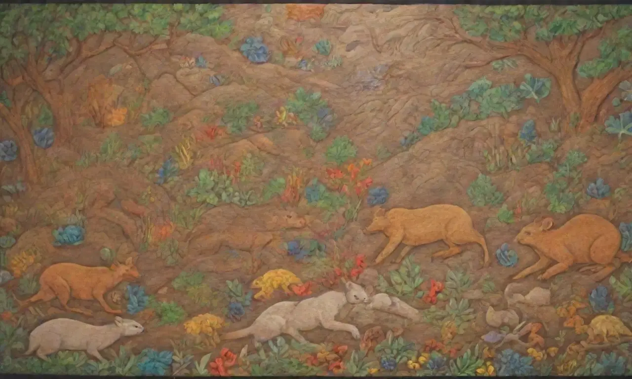 Un mural vibrante que entrelaza la vida de roedores modernos y fósiles en un paisaje antiguo