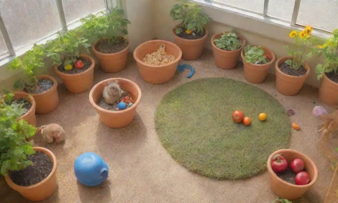 Un ambiente alegre y colorido para roedores con comida, juguetes y vegetales frescos