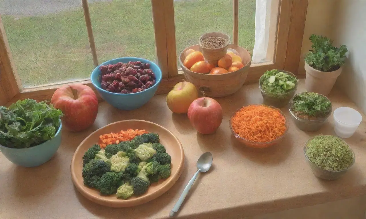 Un ambiente alegre y colorido con verduras, frutas, un hámster juguetón y utensilios de cocina