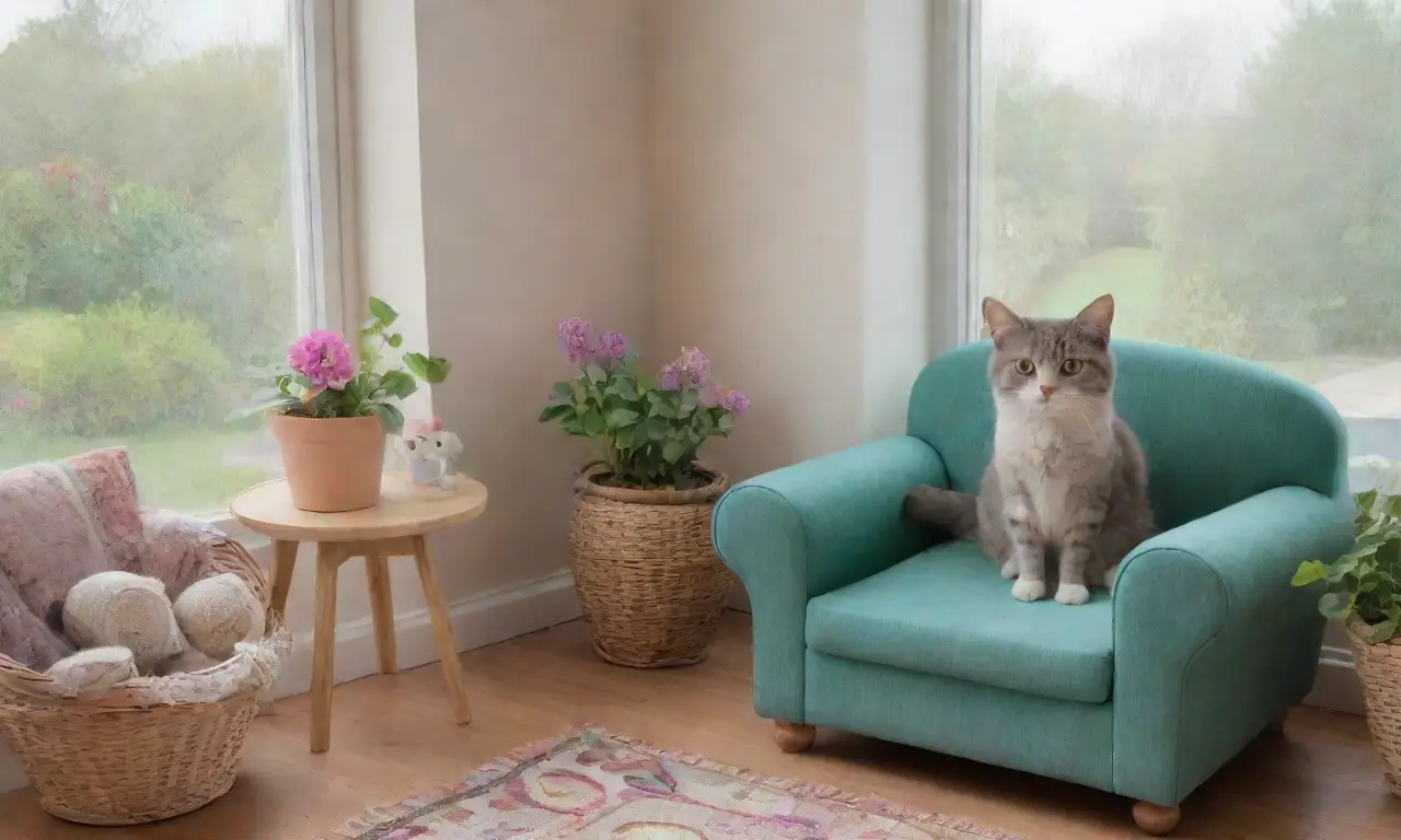 Una sala tranquila con luz suave, un gato gris alerta en la ventana y un ambiente acogedor