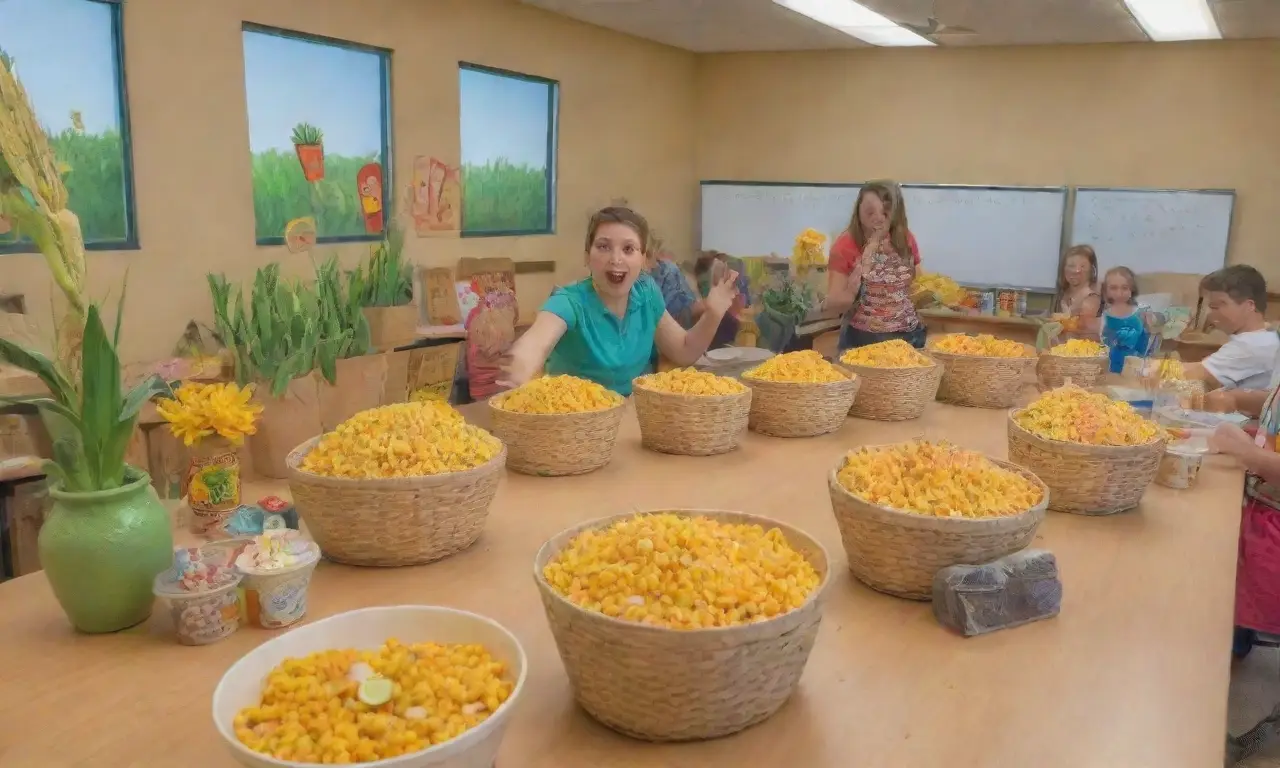 Un aula soleada llena de niños, maíz y creatividad