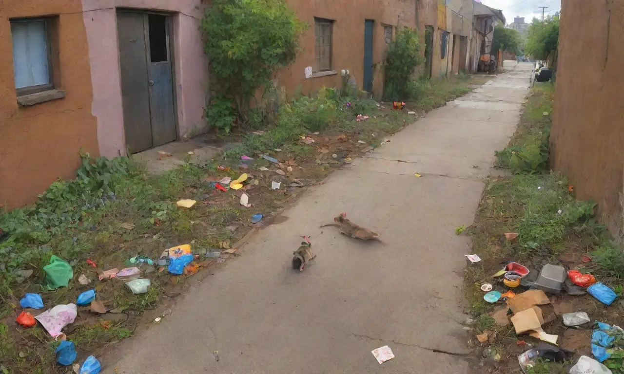Un mural vibrante en una ciudad bulliciosa muestra la coexistencia de ratas y humanos en un entorno urbano