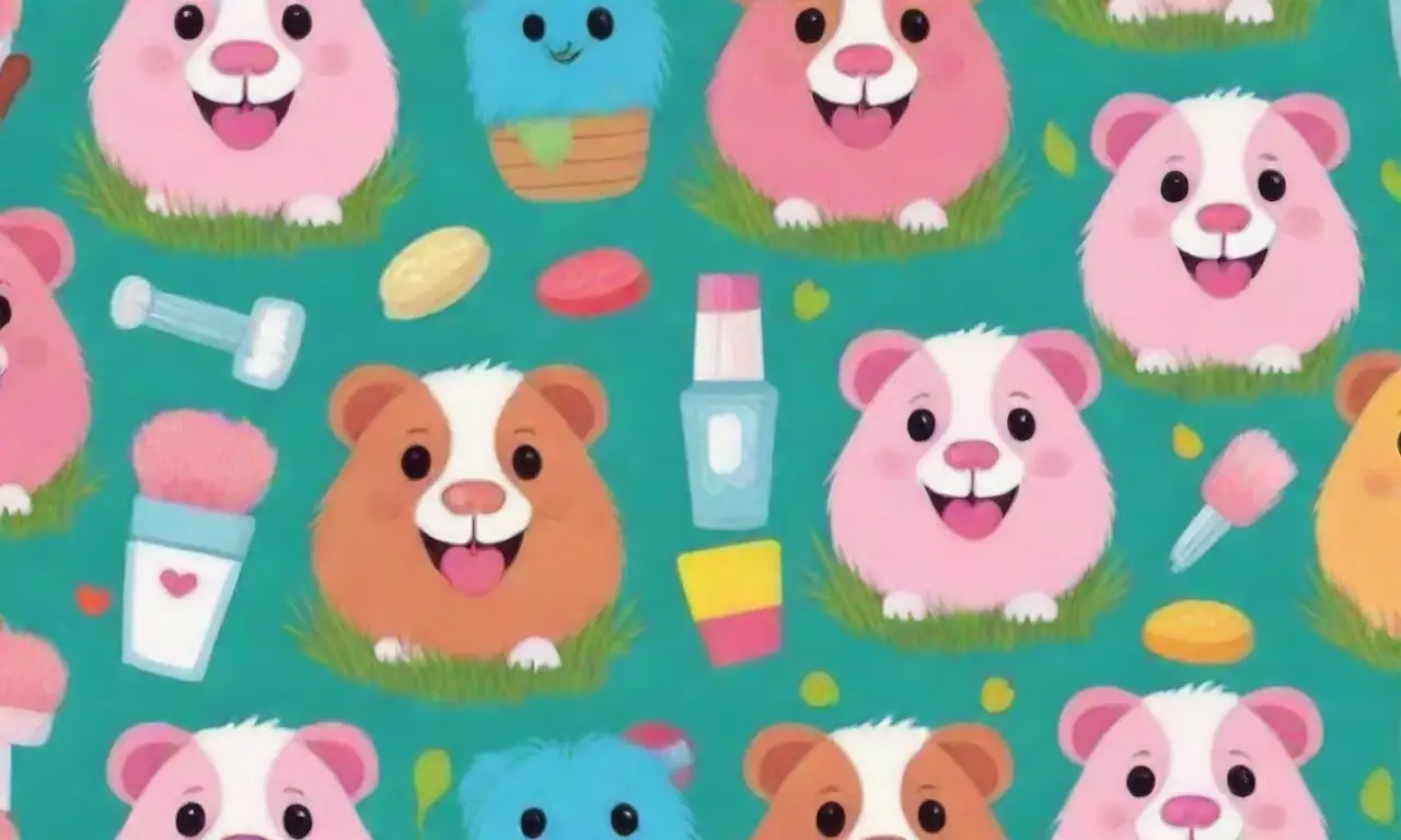 Papel tapiz colorido con cobayas adorables y herramientas dentales en un ambiente alegre
