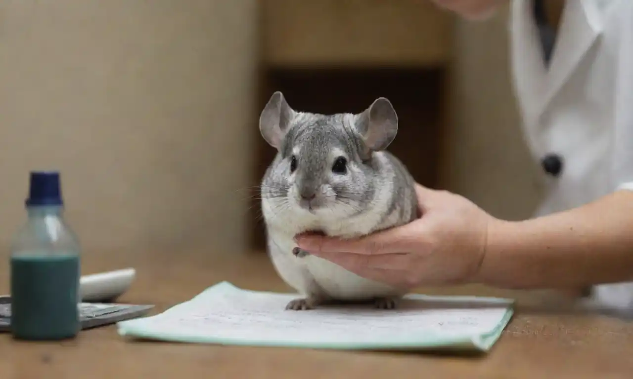 Veterinaria examinando una chinchilla, con cartas de salud y herramientas cercanas.