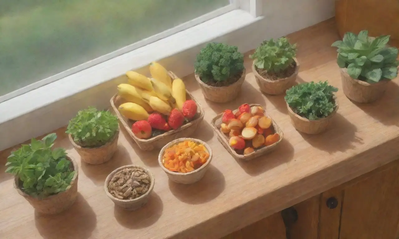 Un festín colorido de frutas y verduras en una cocina rústica
