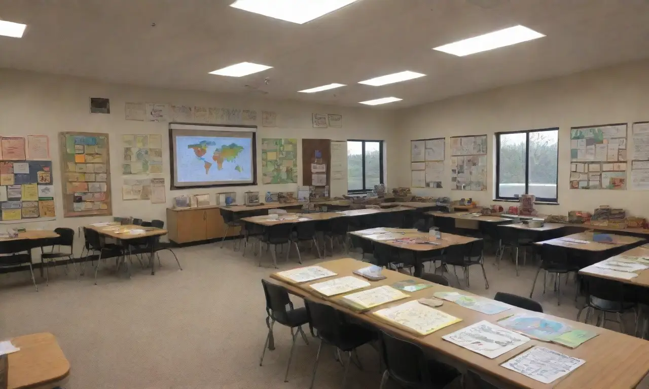 Un aula vibrante y colorida dedicada al estudio de roedores, llena de materiales educativos y un ambiente colaborativo