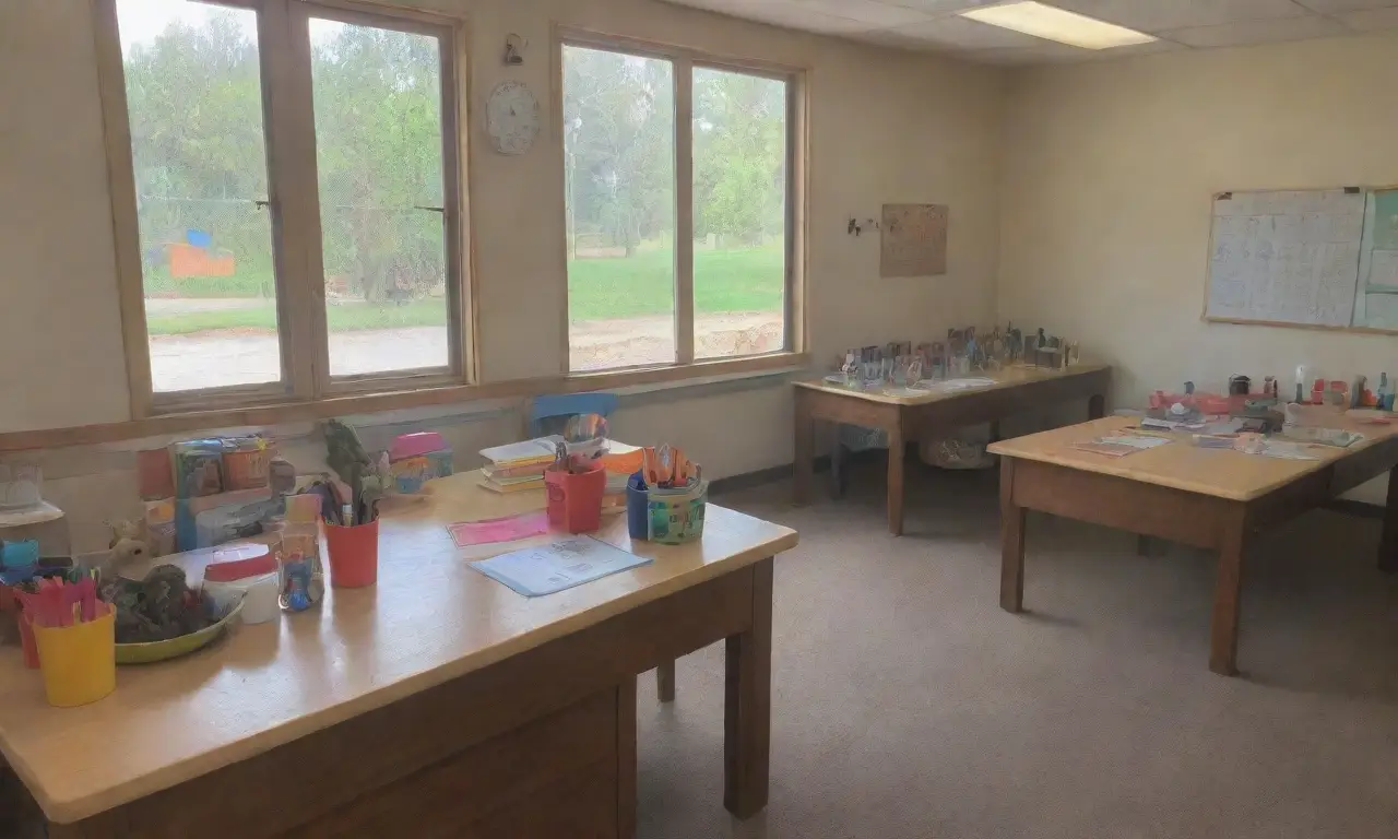 Un aula luminosa y colorida, llena de estudiantes y animales, que promueve el aprendizaje y la compasión