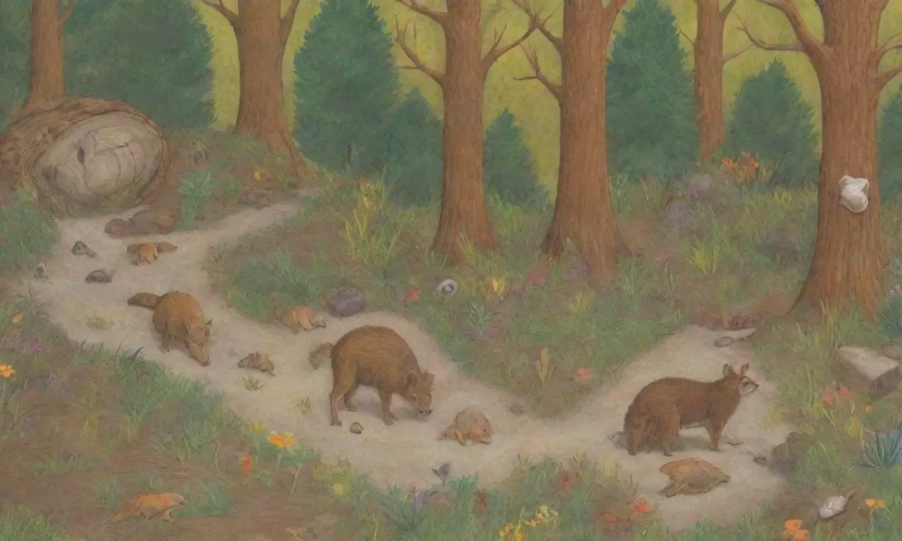 Una escena forestal vibrante que mezcla vida actual y fósiles en un entorno lleno de detalles