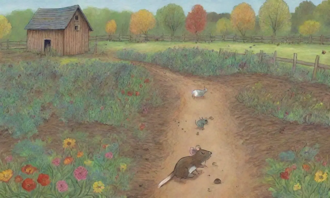 Un campo vibrante con cultivos verdes, roedores, un granjero preocupado y el ciclo de la vida en equilibrio