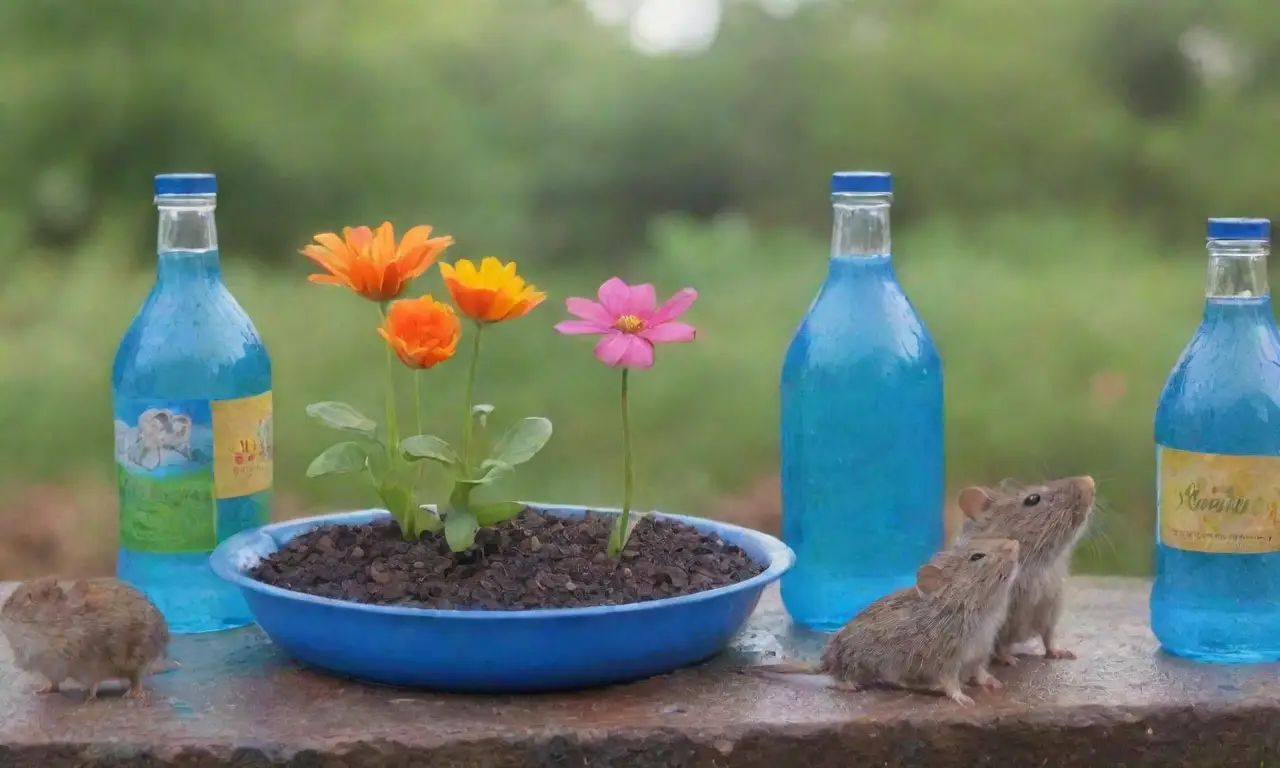 Botellas azules brillantes rodeadas de naturaleza vibrante y curiosos roedores en un ambiente sereno