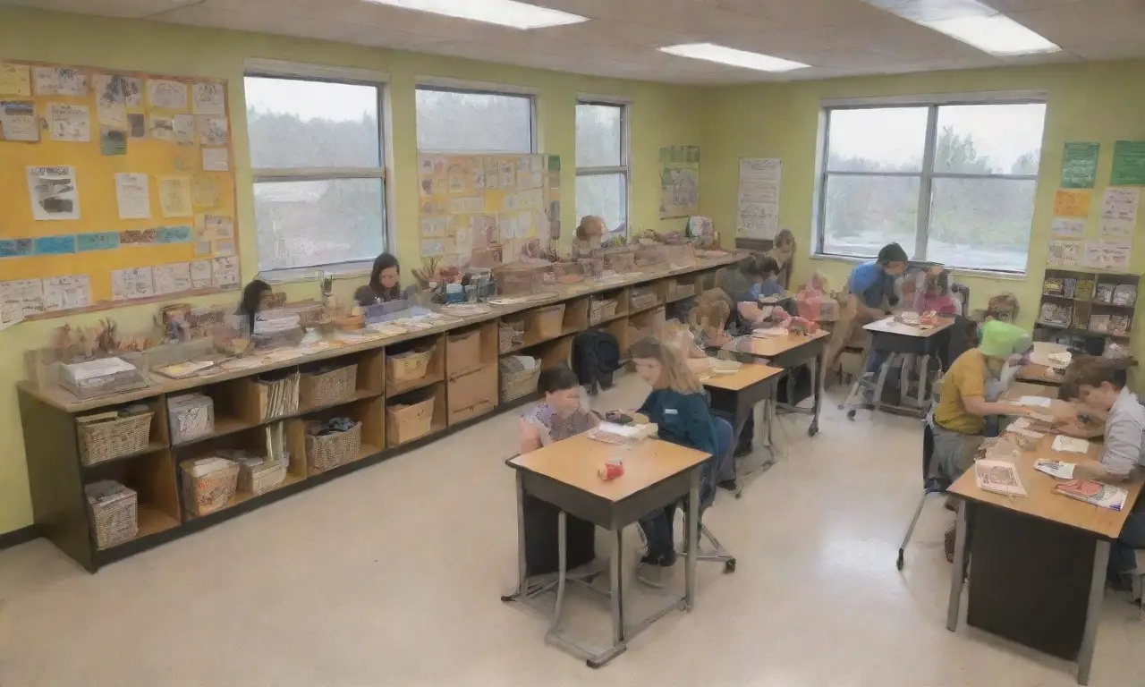 Un aula vibrante y colorida llena de estudiantes curiosos y entusiastas aprendiendo sobre ciencia