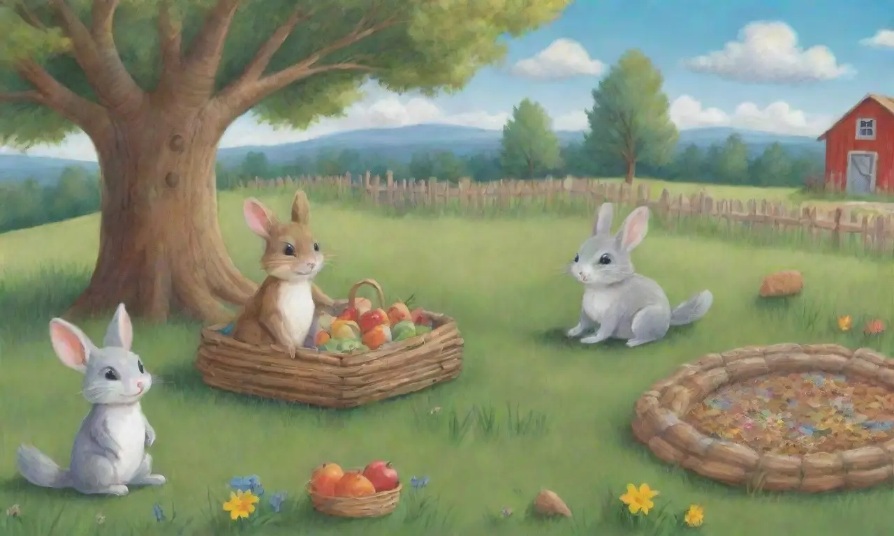 Un colorido paisaje con animales juguetones, flores, un niño riendo y un ambiente armonioso