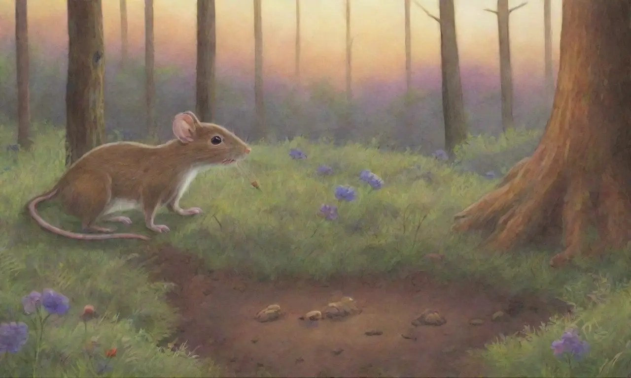 Un bosque denso con luz filtrándose, un nido de ratones, flores vibrantes y un atardecer pintando el horizonte