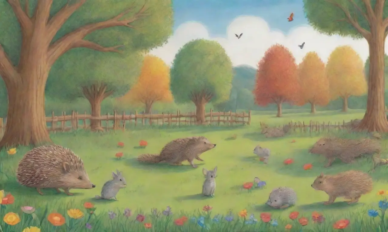 Un paisaje vibrante con un prado verde, animales juguetones y flores coloridas bajo un sol dorado