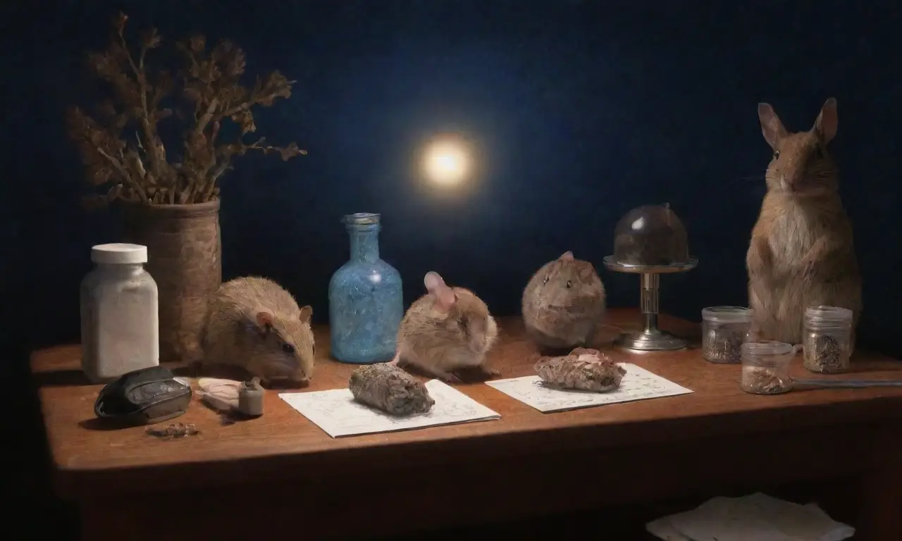 Un laboratorio nocturno con roedores, equipos de investigación y un ambiente acogedor