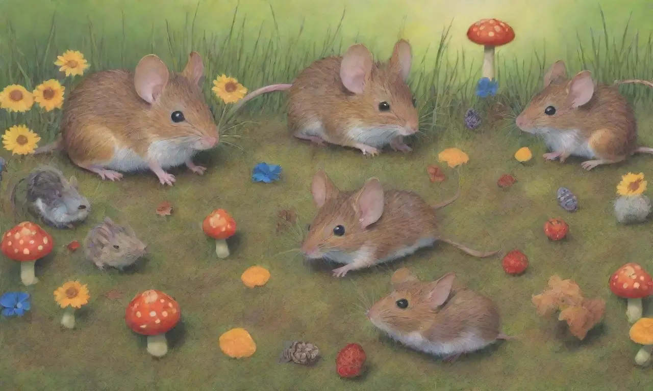 Un paisaje vibrante de naturaleza con ratones, semillas, bayas y flores en un festín de colores y texturas