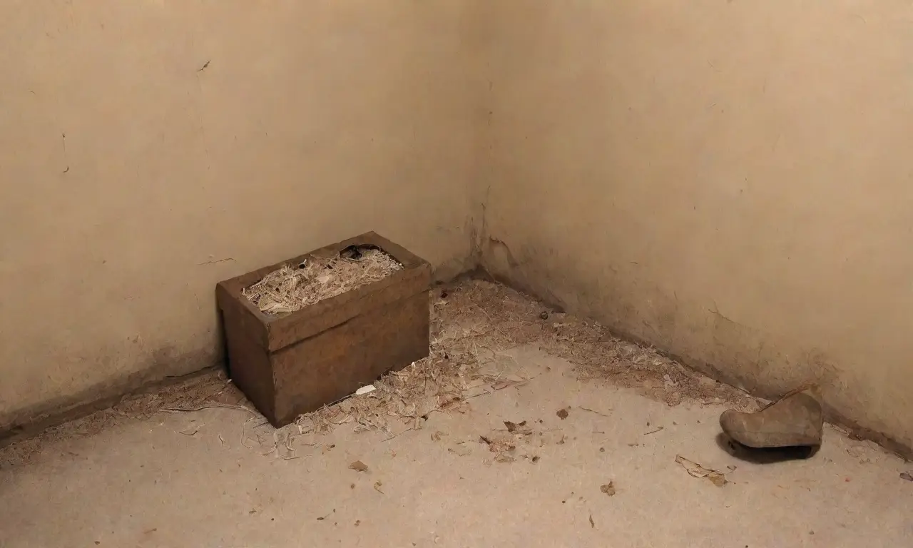 Un rincón oscuro y caótico lleno de signos de plagas y una sensación de inquietud