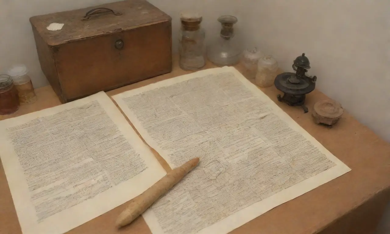 Un ambiente de museo con documentos antiguos, artefactos, y un curador examinando un espécimen