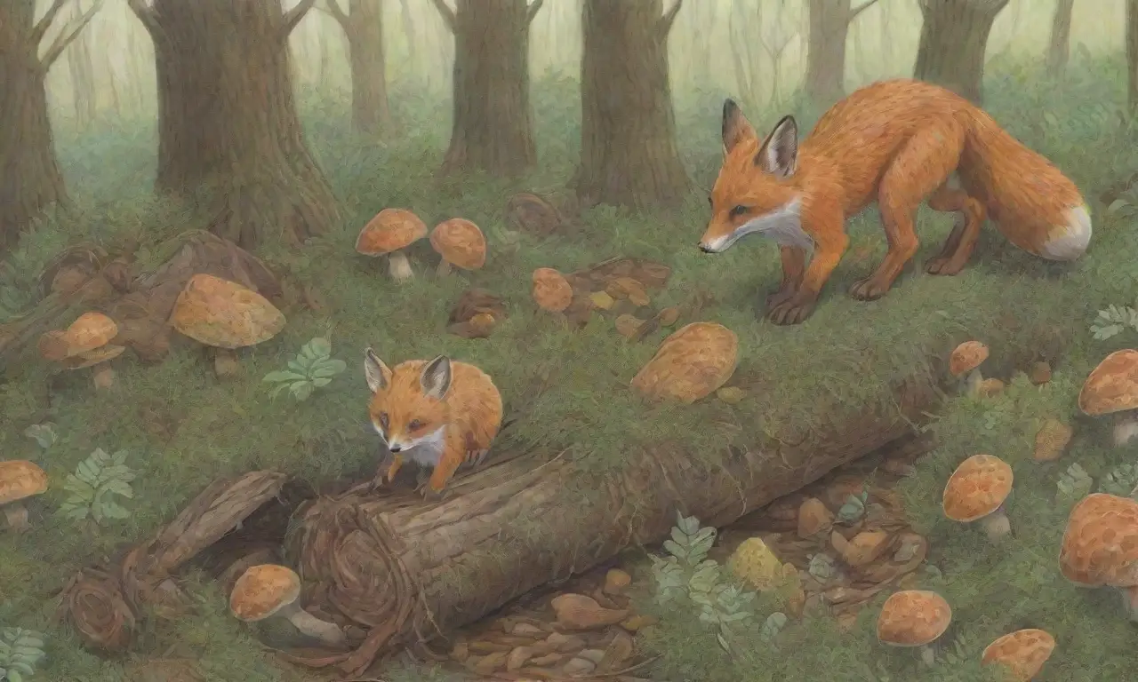 Un denso bosque con un zorro acechando a un ratón entre sombras y sonidos de la naturaleza