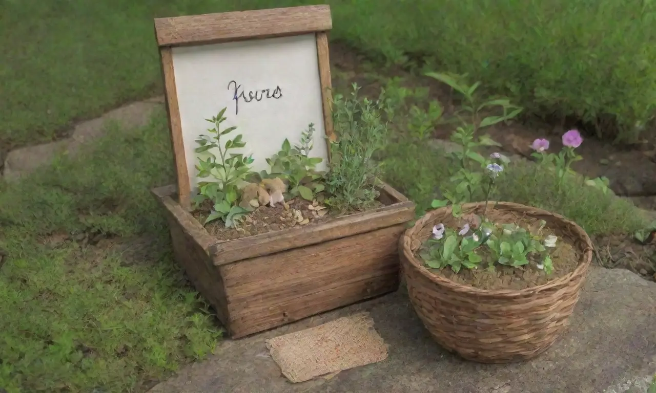 Un bosque verde vibrante con un letrero rústico, hierbas, aceites esenciales, huellas de patas, una trampa de bambú y un ambiente pacífico