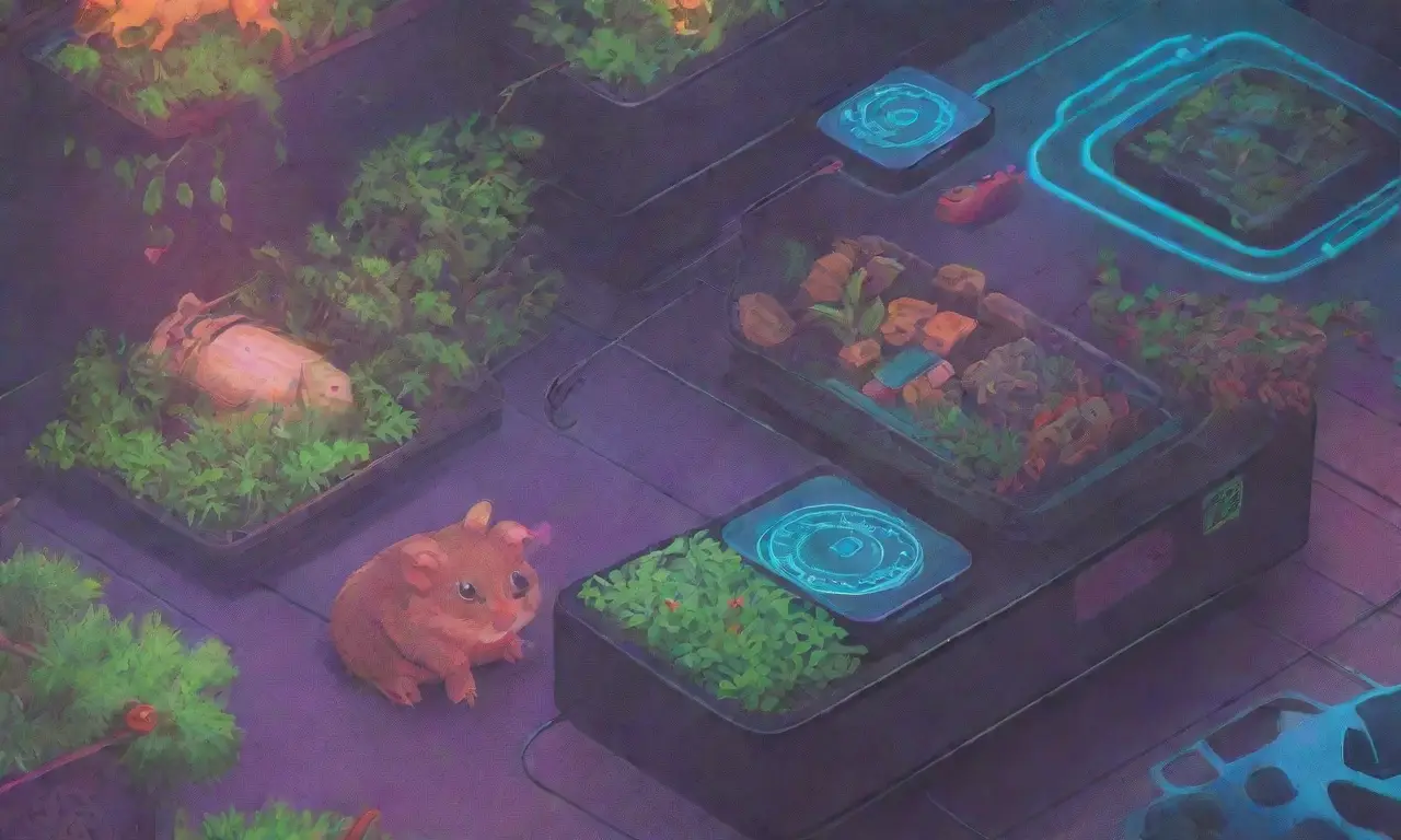 Un fondo digital vibrante con roedores brillantes y tecnología futurista
