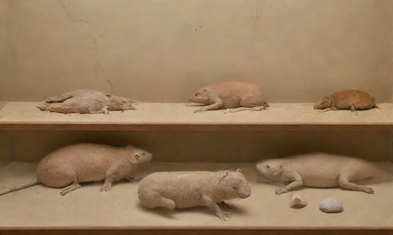 Exhibición de roedores fosilizados con detalles intrincados y un ambiente de asombro