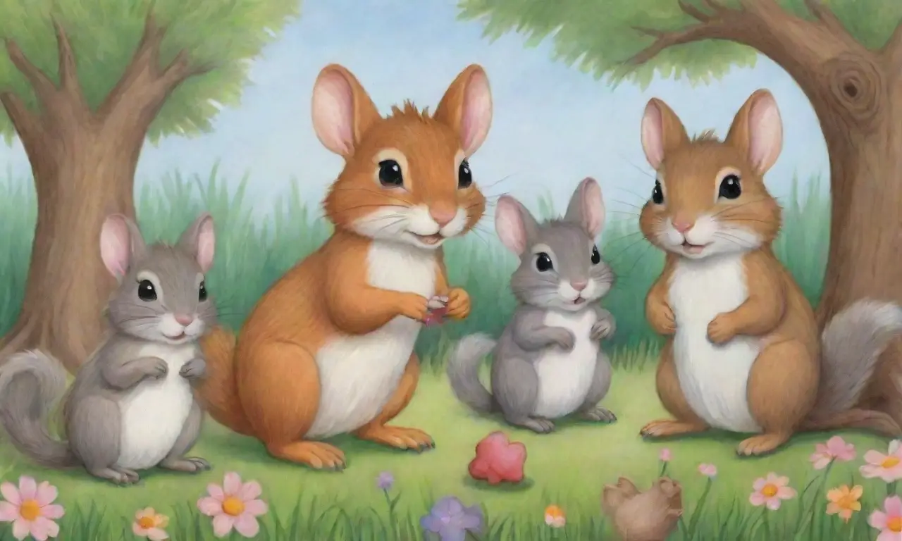 Una escena alegre de animales en un bosque que celebra la amistad y la valentía