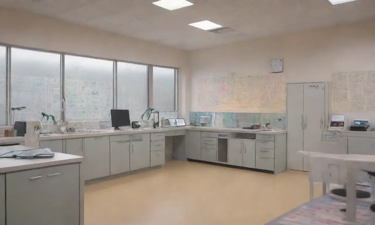 Un laboratorio sereno y colorido, lleno de tecnología y vida