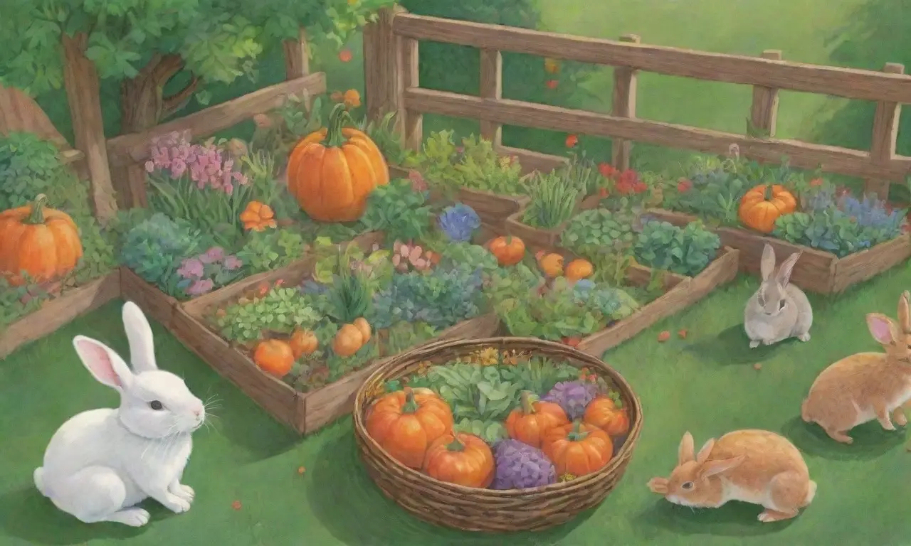 Un alegre jardín con conejos, verduras y un ambiente acogedor