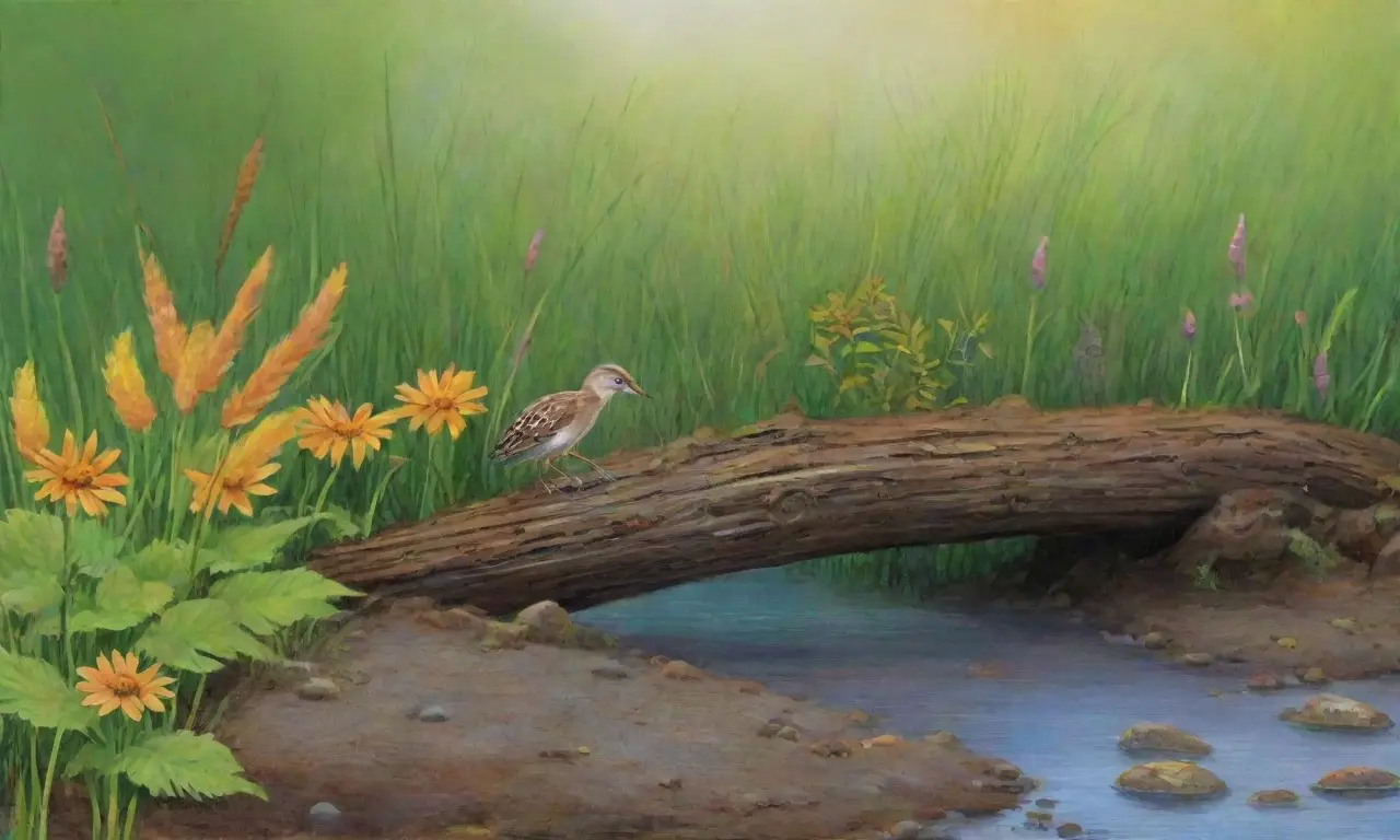 Un paisaje vibrante y lleno de vida se despliega con flores, agua, animales y sonidos de la naturaleza