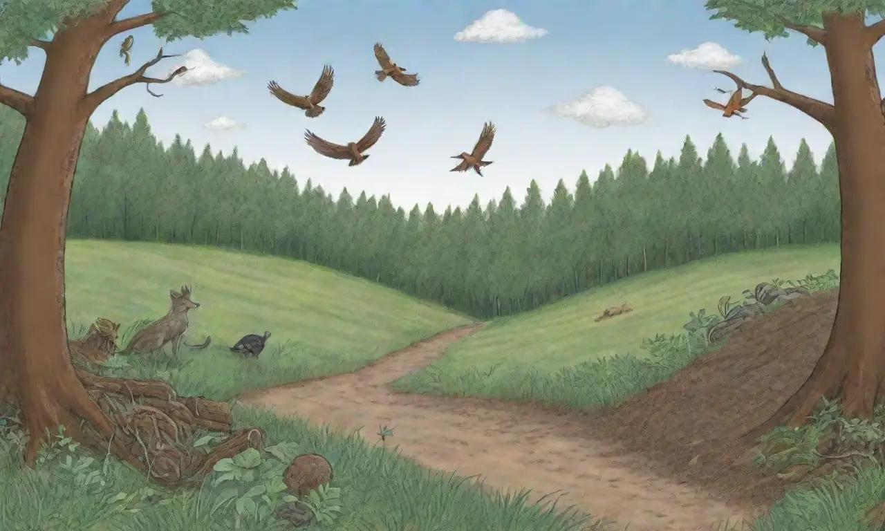 Un bosque denso con vida silvestre en movimiento y la tensión del ciclo natural